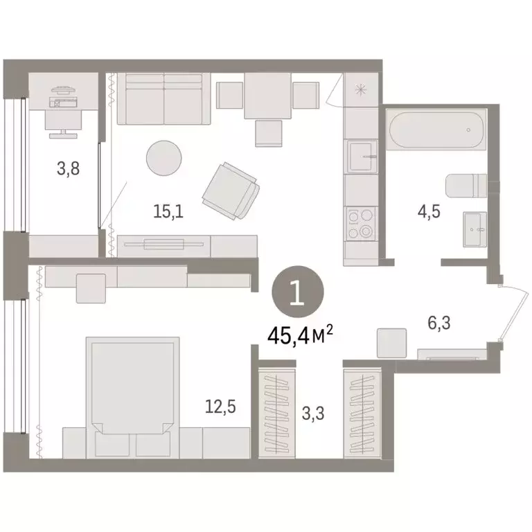 1-комнатная квартира: Тюмень, Краснооктябрьская улица, 4 (45.41 м) - Фото 1