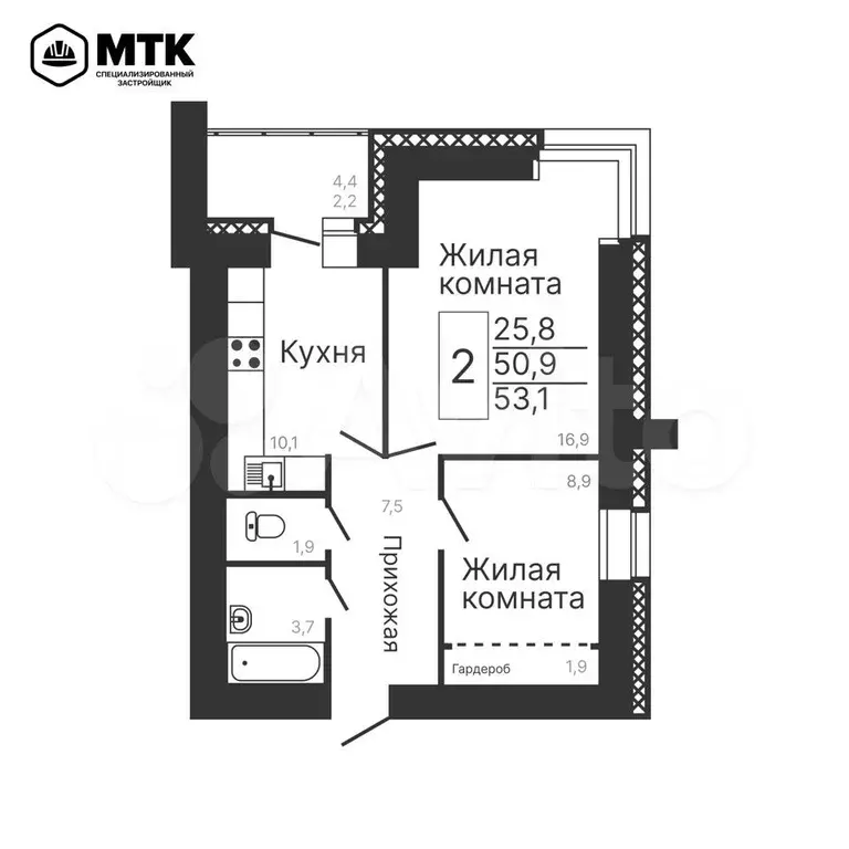 2-к. квартира, 53,1 м, 5/11 эт. - Фото 0