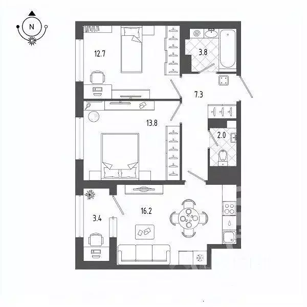 Квартира, 2 комнаты, 57.5 м - Фото 1