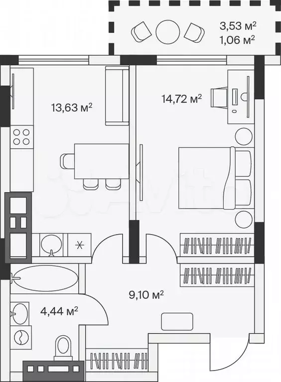 1-к. квартира, 43 м, 7/7 эт. - Фото 1