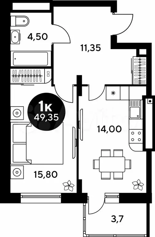 1-к. квартира, 49,4 м, 6/9 эт. - Фото 1