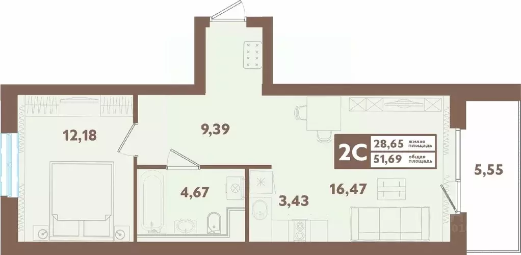 2-к кв. Свердловская область, Екатеринбург ул. Абрикосовая, 58 (51.69 ... - Фото 0