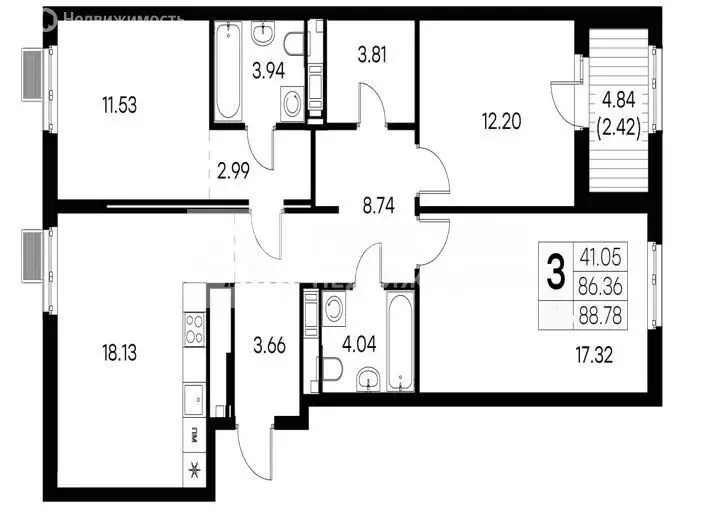 3-комнатная квартира: Санкт-Петербург, улица Шкапина, 15 (88.78 м) - Фото 1