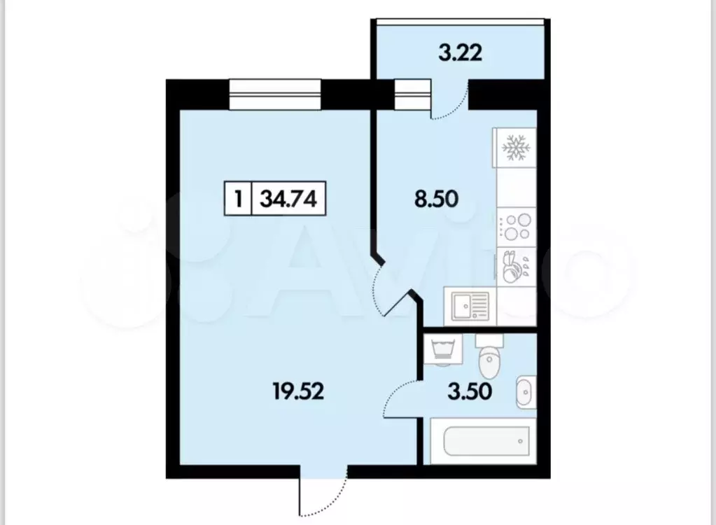 1-к. квартира, 34,7 м, 1/7 эт. - Фото 0