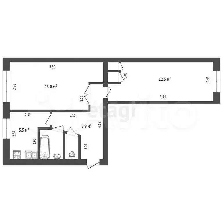 2-к. квартира, 42,9 м, 1/5 эт. - Фото 0