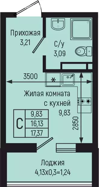 Квартира-студия: село Небуг, квартал Спортивный (17.37 м) - Фото 0