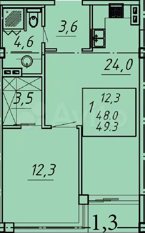 1-к. квартира, 49,3 м, 6/8 эт. - Фото 0