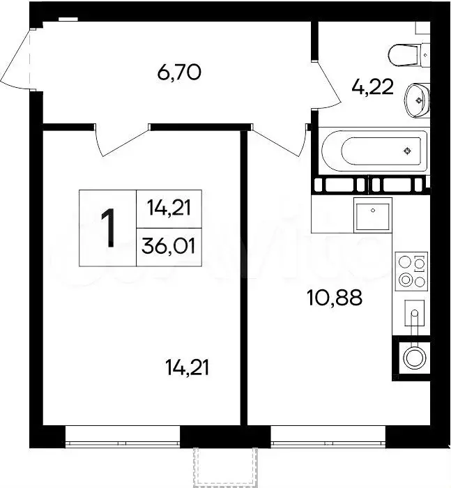 1-к. квартира, 36 м, 1/8 эт. - Фото 1