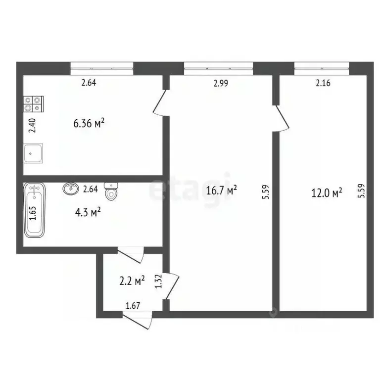 2-к кв. Кемеровская область, Новокузнецк ул. Челюскина, 25 (41.6 м) - Фото 1