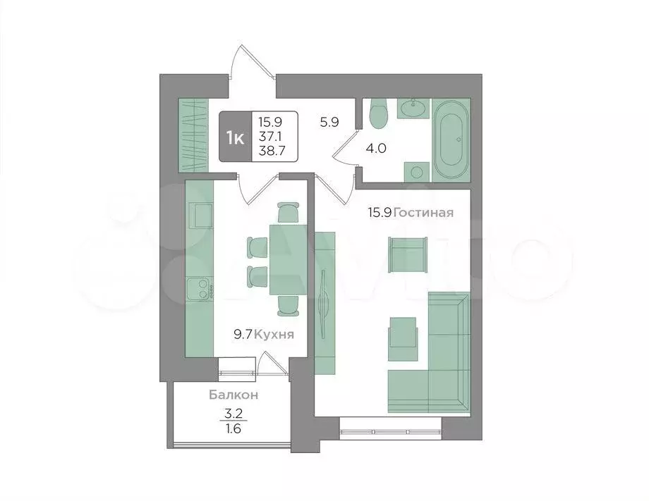 1-к. квартира, 38,7 м, 8/9 эт. - Фото 0