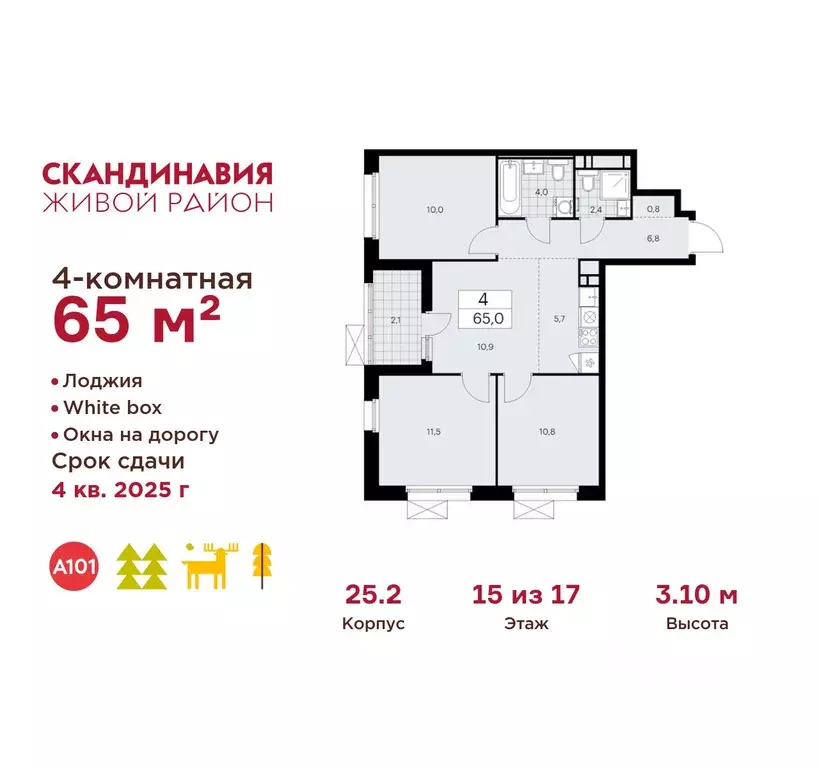 4-к кв. Москва Скандинавия жилой комплекс, 25.2 (65.0 м) - Фото 0