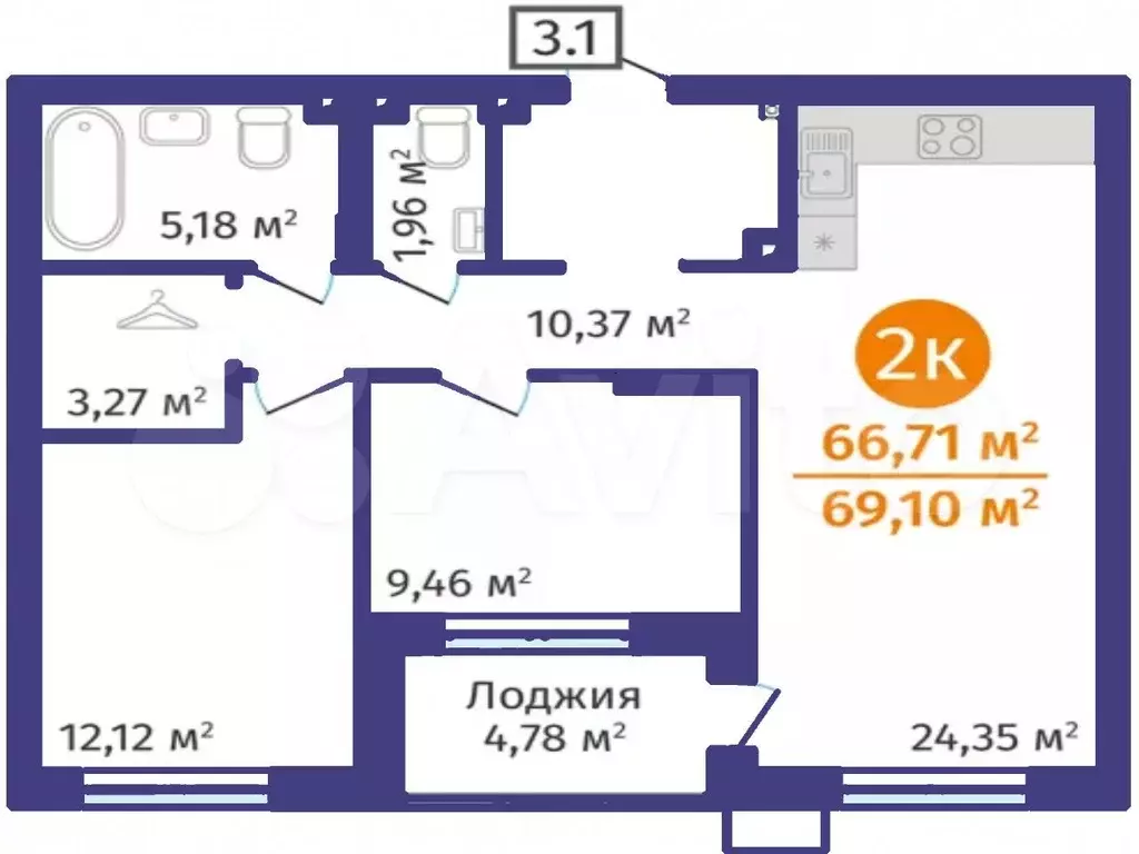 2-к. квартира, 66,7 м, 2/24 эт. - Фото 1
