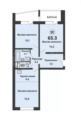 3-к. квартира, 65,3 м, 11/14 эт. - Фото 1
