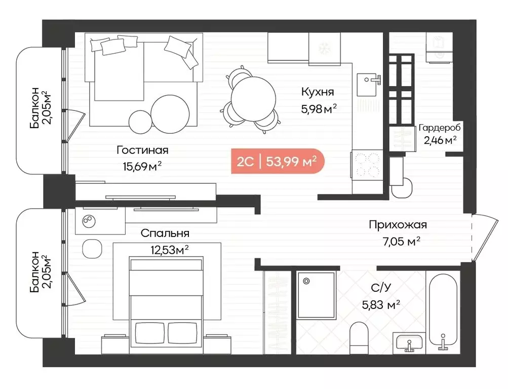 2-комнатная квартира: Новосибирск, Ленинградская улица, 342 (53.99 м) - Фото 1