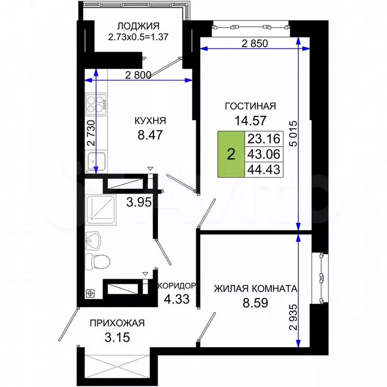 2-к. квартира, 44,5 м, 19/25 эт. - Фото 1