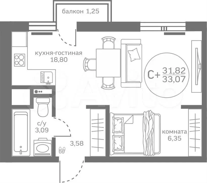 Квартира-студия, 31,8 м, 4/17 эт. - Фото 0