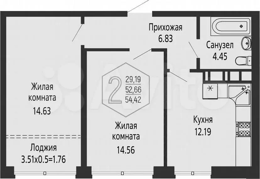 2-к. квартира, 54,4м, 22/24эт. - Фото 1