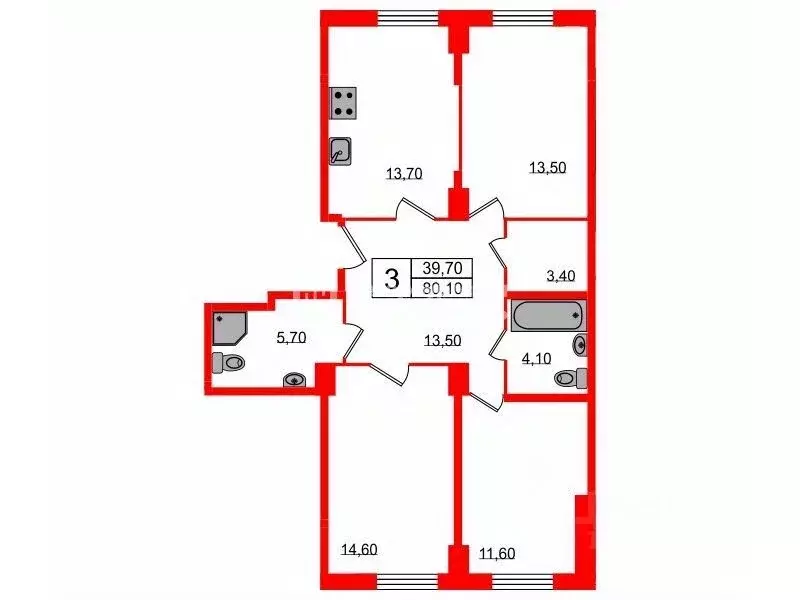 3-к кв. Санкт-Петербург ул. Плесецкая, 21 (80.2 м) - Фото 2