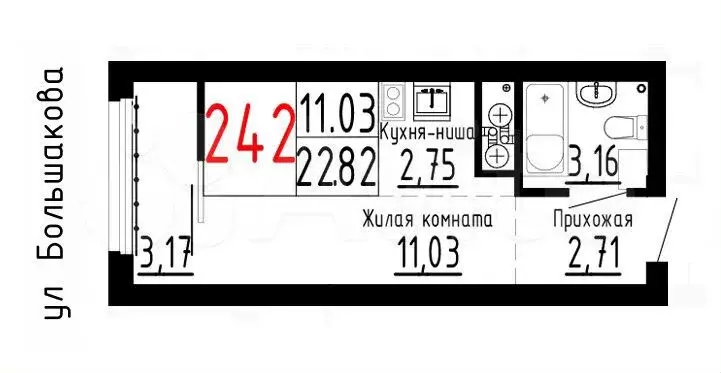 Квартира-студия, 22,8 м, 10/25 эт. - Фото 0