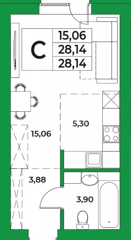 1-к. квартира, 28,1 м, 1/9 эт. - Фото 0