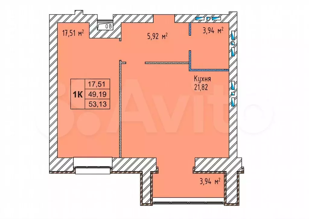 1-к. квартира, 53,1 м, 7/9 эт. - Фото 0