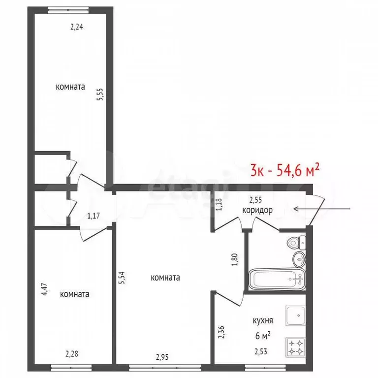 3-к. квартира, 54,6 м, 2/4 эт. - Фото 1