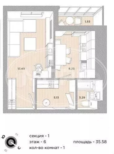 1-к. квартира, 35,6 м, 6/8 эт. - Фото 0