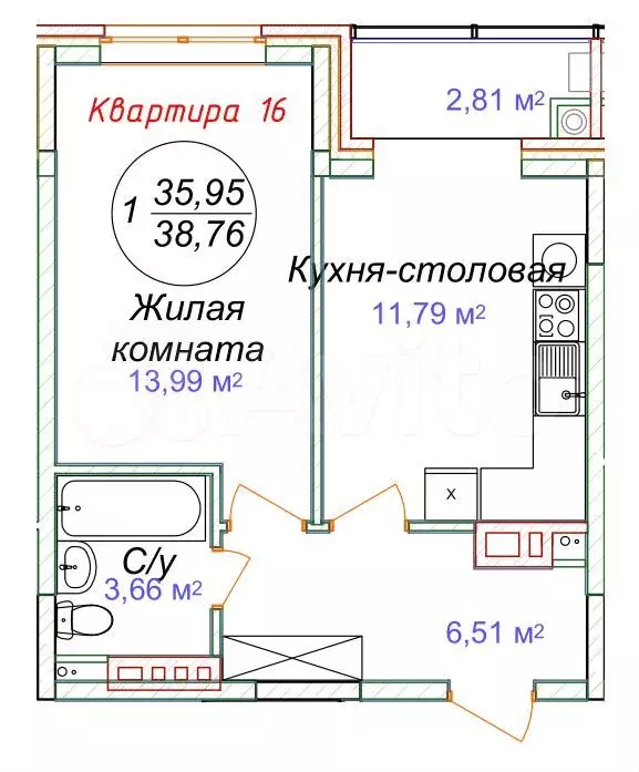 1-к. квартира, 38,8 м, 4/5 эт. - Фото 0