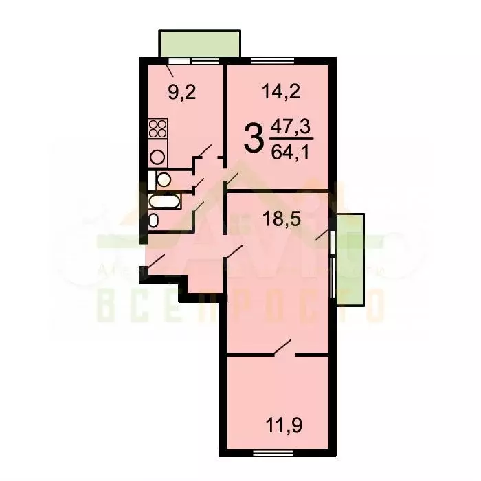 3-к. квартира, 64,4 м, 12/12 эт. - Фото 0