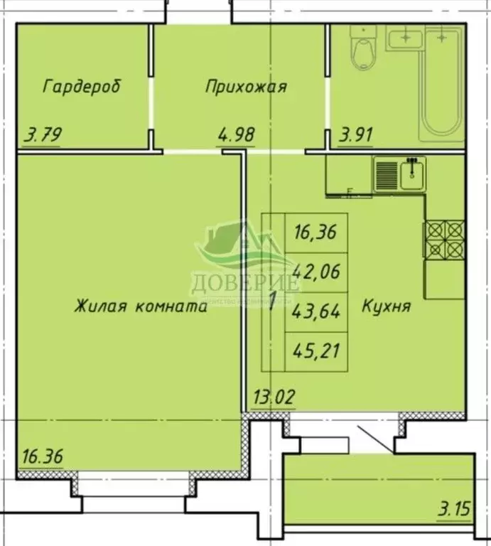 Продаётся 1-к квартира, 45.21 м - Фото 0