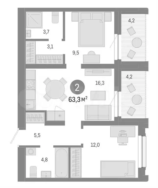 2-к. квартира, 63,3 м, 8/9 эт. - Фото 0