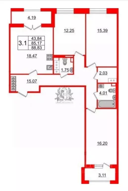 3-к кв. Санкт-Петербург Уральская ул., 25 (88.83 м) - Фото 1