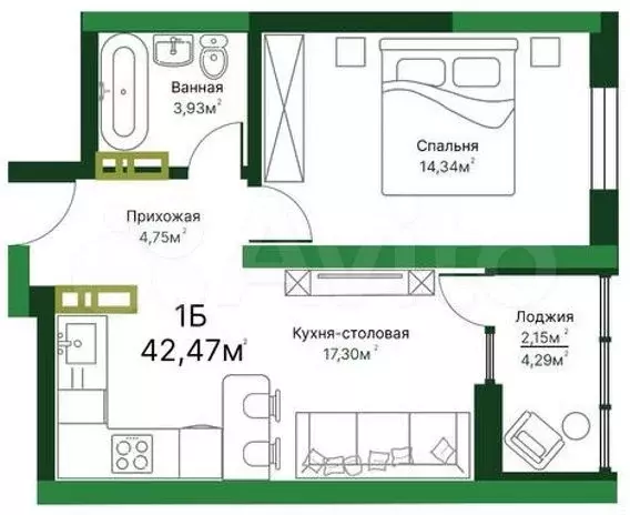 1-к. квартира, 42,6м, 3/16эт. - Фото 1