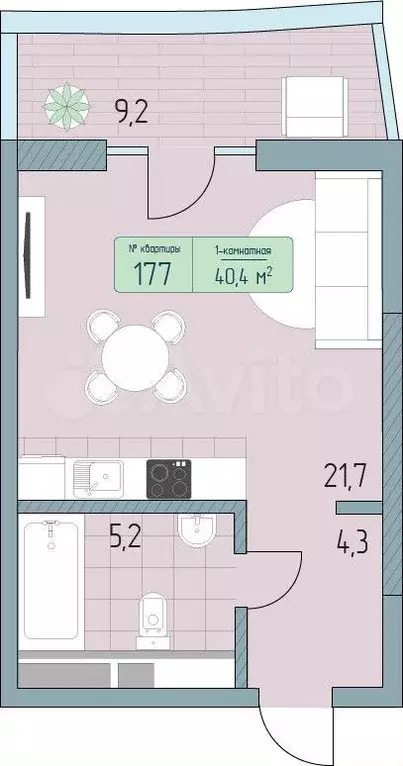 1-к. квартира, 40,4м, 9/9эт. - Фото 1