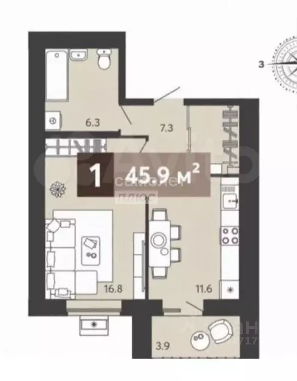 1-к кв. Пензенская область, Пенза ул. Щербакова, 71 (45.9 м) - Фото 2