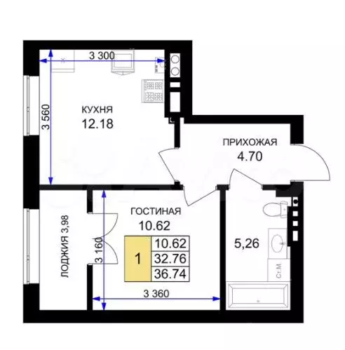 1-к. квартира, 37м, 3/7эт. - Фото 1