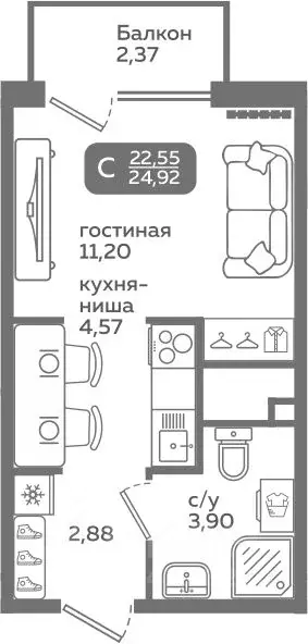 Студия Тюменская область, Тюмень ул. Заполярная, 9/2 (22.55 м) - Фото 0