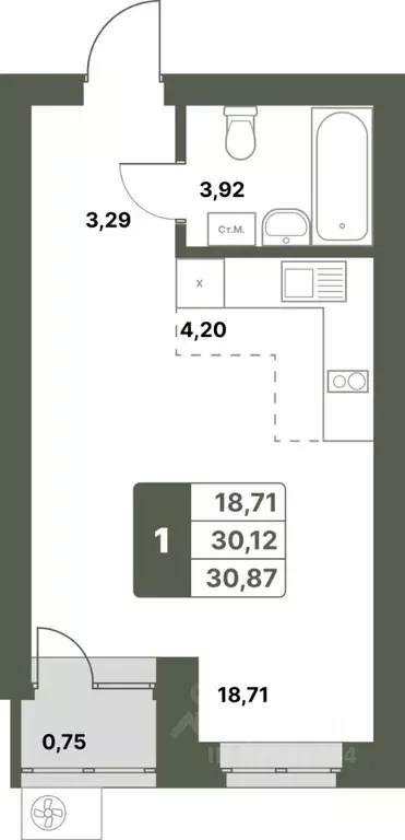 1-к кв. Башкортостан, Уфимский район, с. Миловка  (30.87 м) - Фото 1