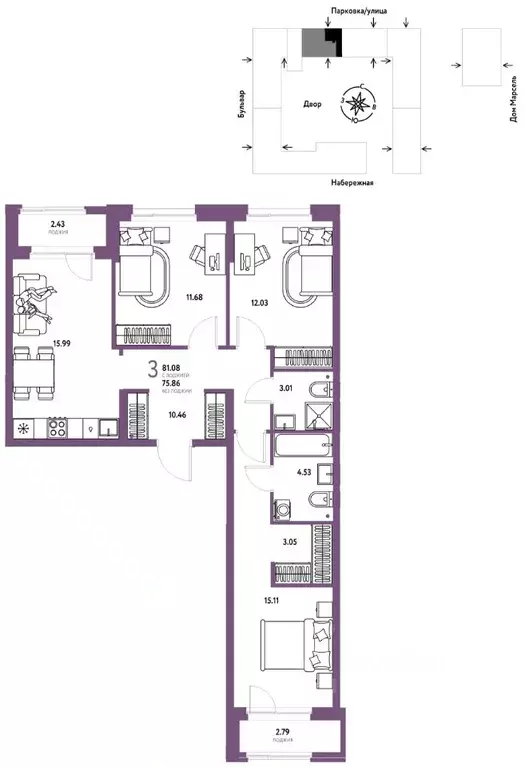 3-к кв. Тюменская область, Тюмень Береговая ул., 100к2 (81.08 м) - Фото 1