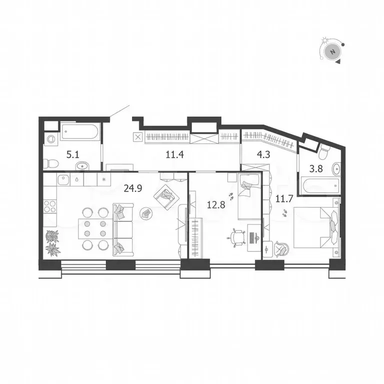 2-к. квартира, 74 м, 6/13 эт. - Фото 1
