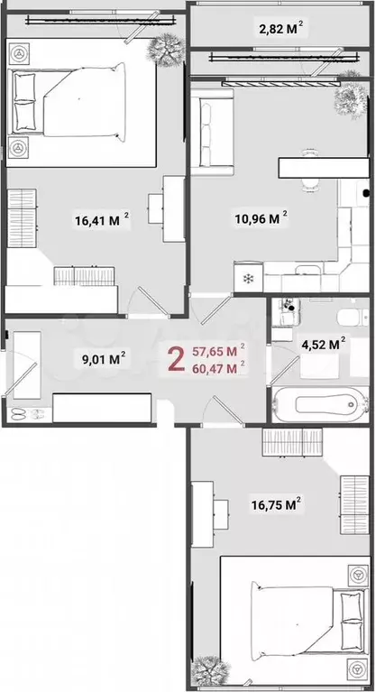 2-к. квартира, 60 м, 7/14 эт. - Фото 0