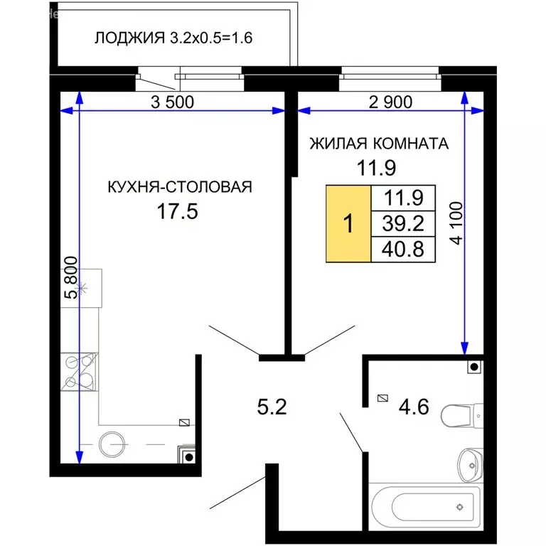 1-комнатная квартира: Краснодар, жилой комплекс Дыхание (40.8 м) - Фото 0