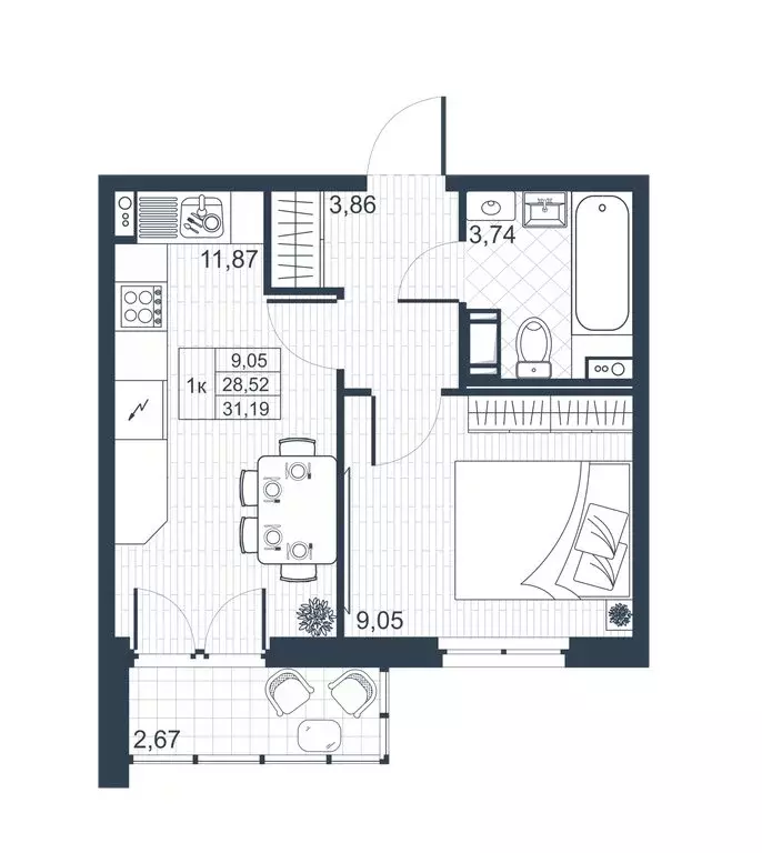 1-комнатная квартира: Коммунар, массив Ижора (29.86 м) - Фото 0