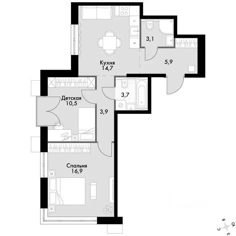 2-к кв. Приморский край, Владивосток Флагман жилой комплекс (58.7 м) - Фото 2