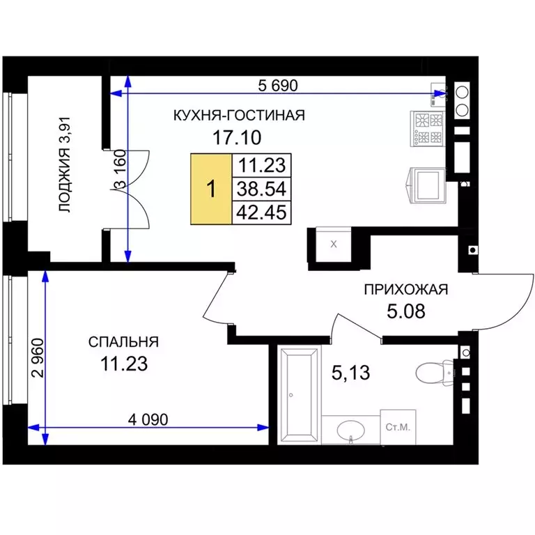 1-комнатная квартира: Гурьевск, жилой комплекс Включи (42.45 м) - Фото 0