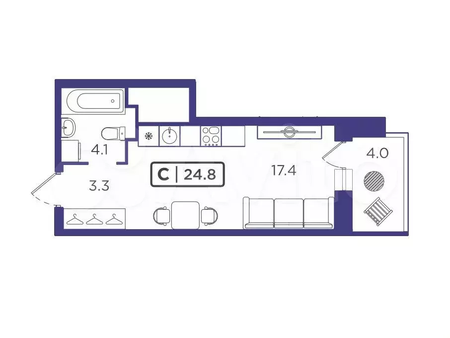 Квартира-студия, 24,4 м, 8/24 эт. - Фото 1