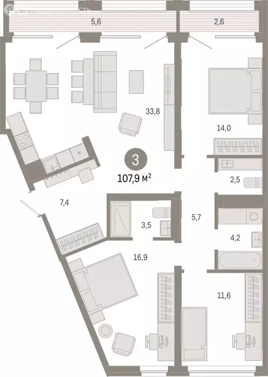 3-комнатная квартира: Екатеринбург, Мраморская улица, 27/2 (107.92 м) - Фото 1