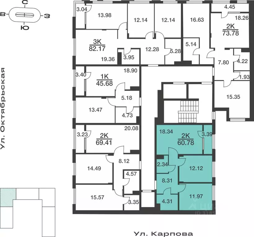 2-к кв. Тульская область, Тула ул. Карпова, 103А (60.78 м) - Фото 1
