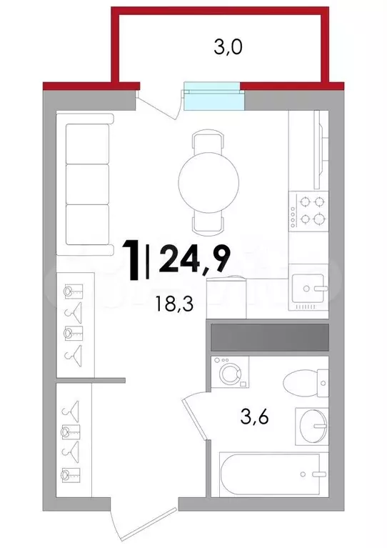 Квартира-студия, 24,9м, 8/18эт. - Фото 1