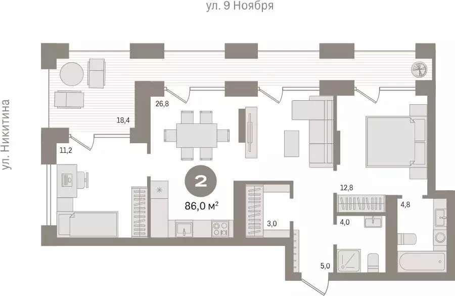 2-комнатная квартира: Новосибирск, улица Декабристов, 107/7 (86 м) - Фото 1